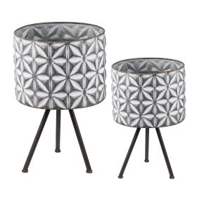 Set of 2 Metal Planter Stand, Galvanized Grey Farmhouse Planter