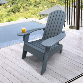 Wood Adirondack chair with a hole to hold umbrella on the arm
