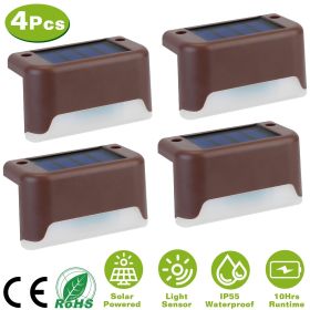 4Pcs Solar Powered LED Step Lights Outdoor IP55 Waterproof (Light Color: White, Color: Brown)