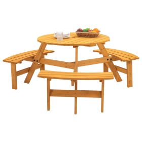 Circular Outdoor Wooden Picnic Table with Built-in Benches (Color: Natural, Seating Capacity: 6-person)