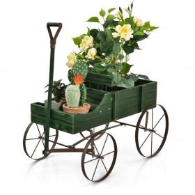 Wooden Wagon Plant Bed with Metal Wheels for Garden (Color: green)
