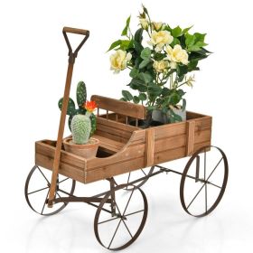 Wooden Wagon Plant Bed with Metal Wheels for Garden (Color: Brown)