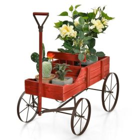 Wooden Wagon Plant Bed with Metal Wheels for Garden (Color: Red)