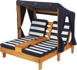 KidKraft Wooden Outdoor Double Chaise Lounge with Cup Holders, Patio Furniture for Kids or Pets, Espresso with Oatmeal (Color: Honey Navy White)