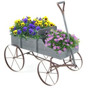 Wooden Wagon Plant Bed with Metal Wheels for Garden (Color: gray)