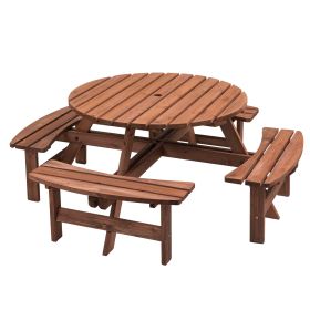 Circular Outdoor Wooden Picnic Table with Built-in Benches (Color: Brown, Seating Capacity: 8-person)