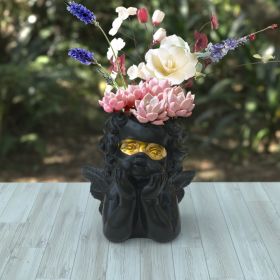 Angel Statue Crafted Head Face Planter Pot (Color: black gold)