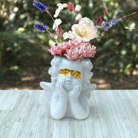 Angel Statue Crafted Head Face Planter Pot (Color: white gold)