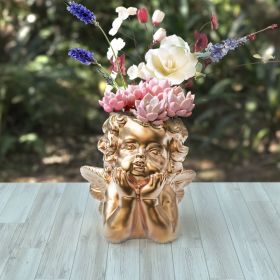 Angel Statue Crafted Head Face Planter Pot (Color: gold)